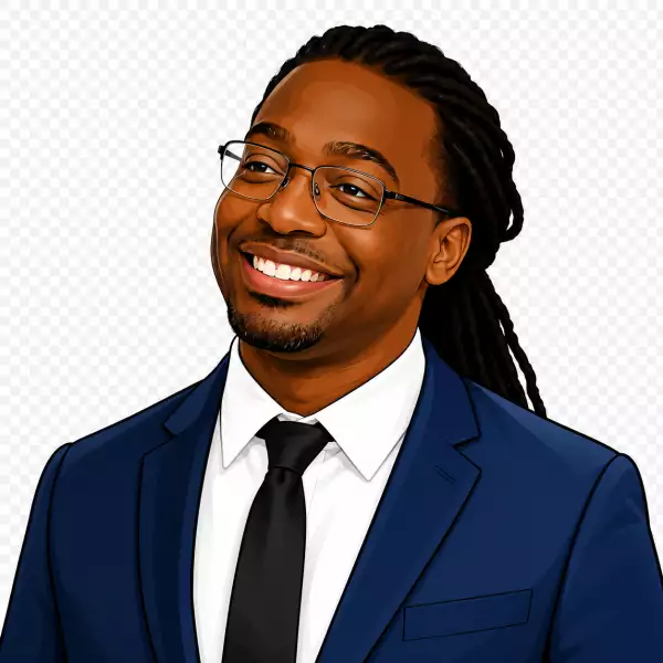 A portrait of Emeryville City Council candidate Kalimah Priforce smiling in a navy blue suit and black tie with long dreadlocks.