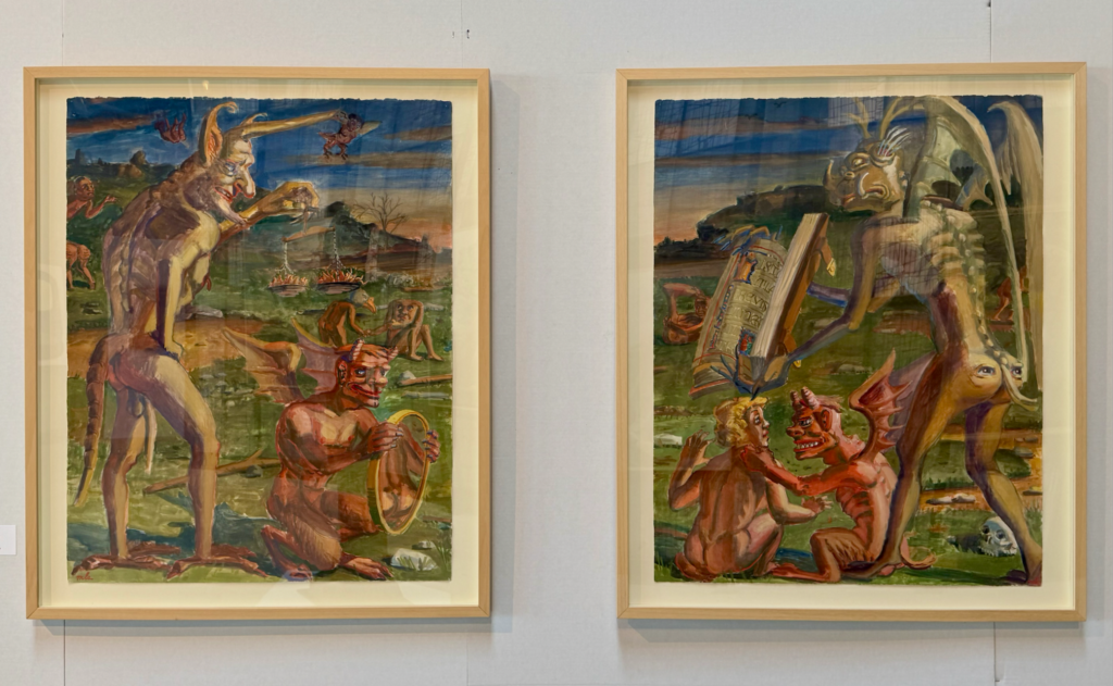 Side by side framed paintings depict horned and scaly humanoid life forms in a green landscape.
